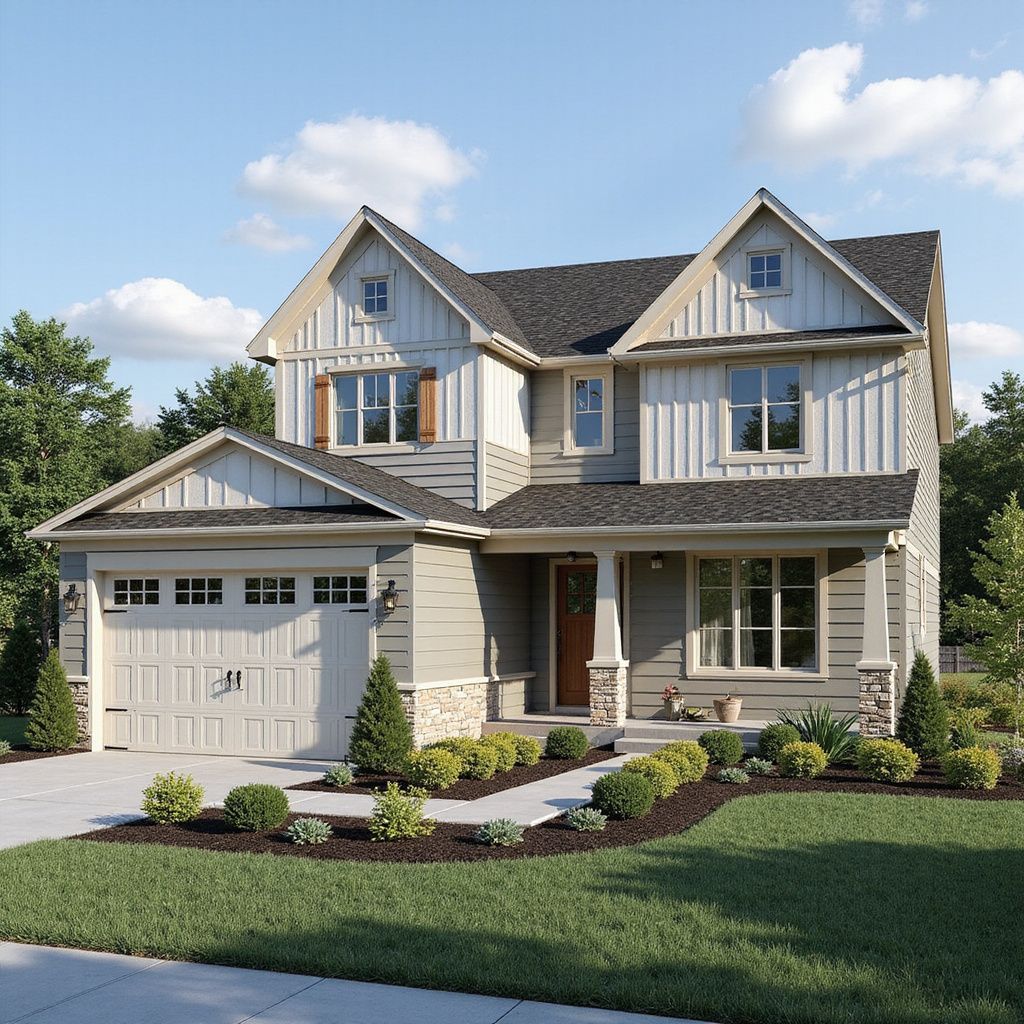 Two-story house with gray siding, white trim, and a manicured lawn.