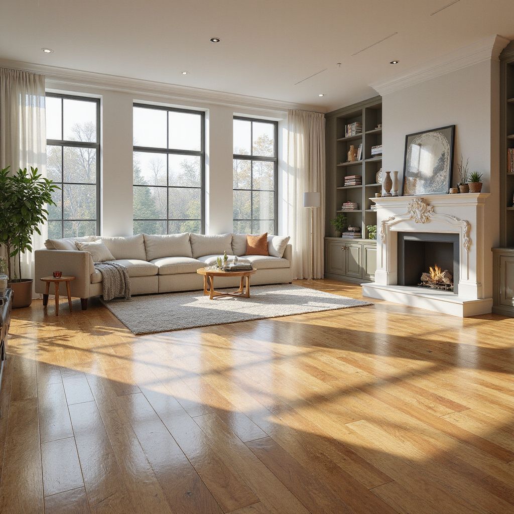 Bright living room with large windows, sofa, fireplace, and hardwood floors.