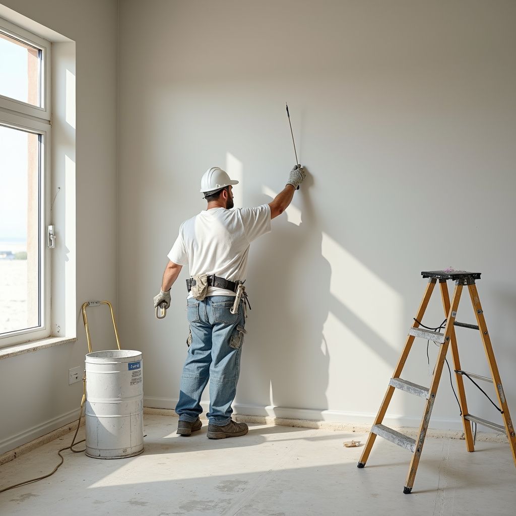 Person in work clothes painting a white wall with a ladder and paint bucket in an empty room.