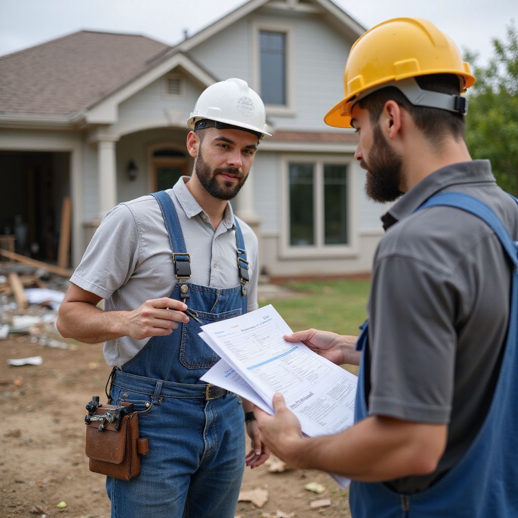 Two construction workers reviewing blueprints outside a house under construction. One points with a pen.