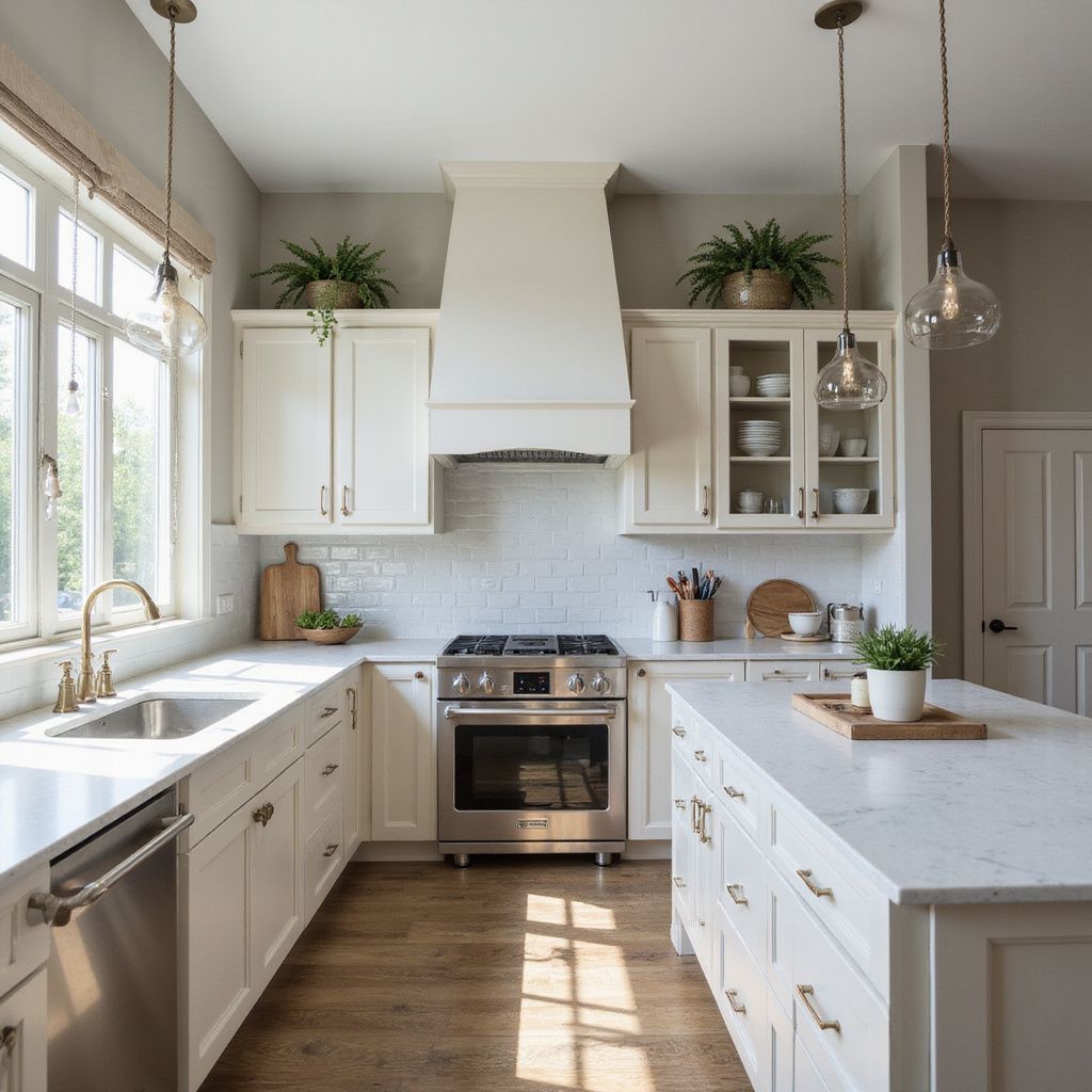 A bright white kitchen with a stainless steel stove, island, and plants.