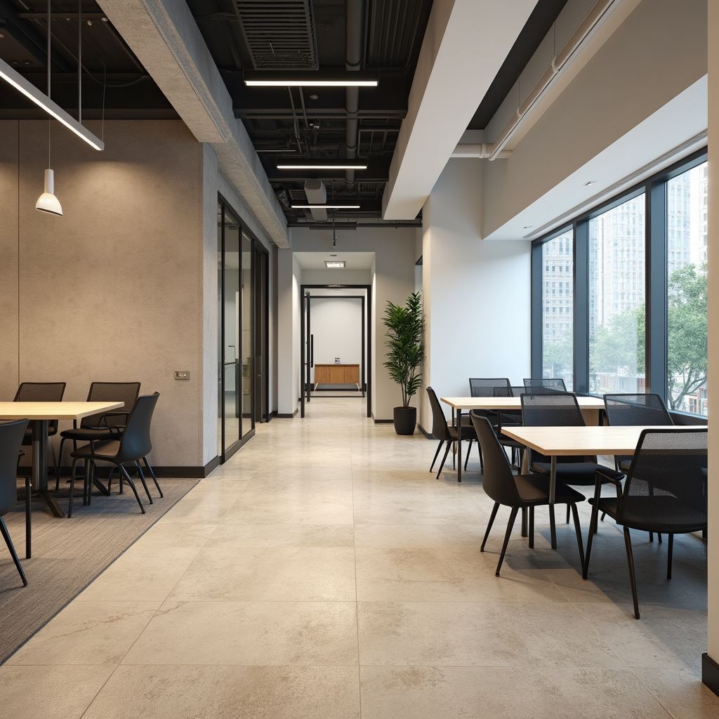 Modern office interior with tables, chairs, windows, and a long hallway with a plant and glass walls.