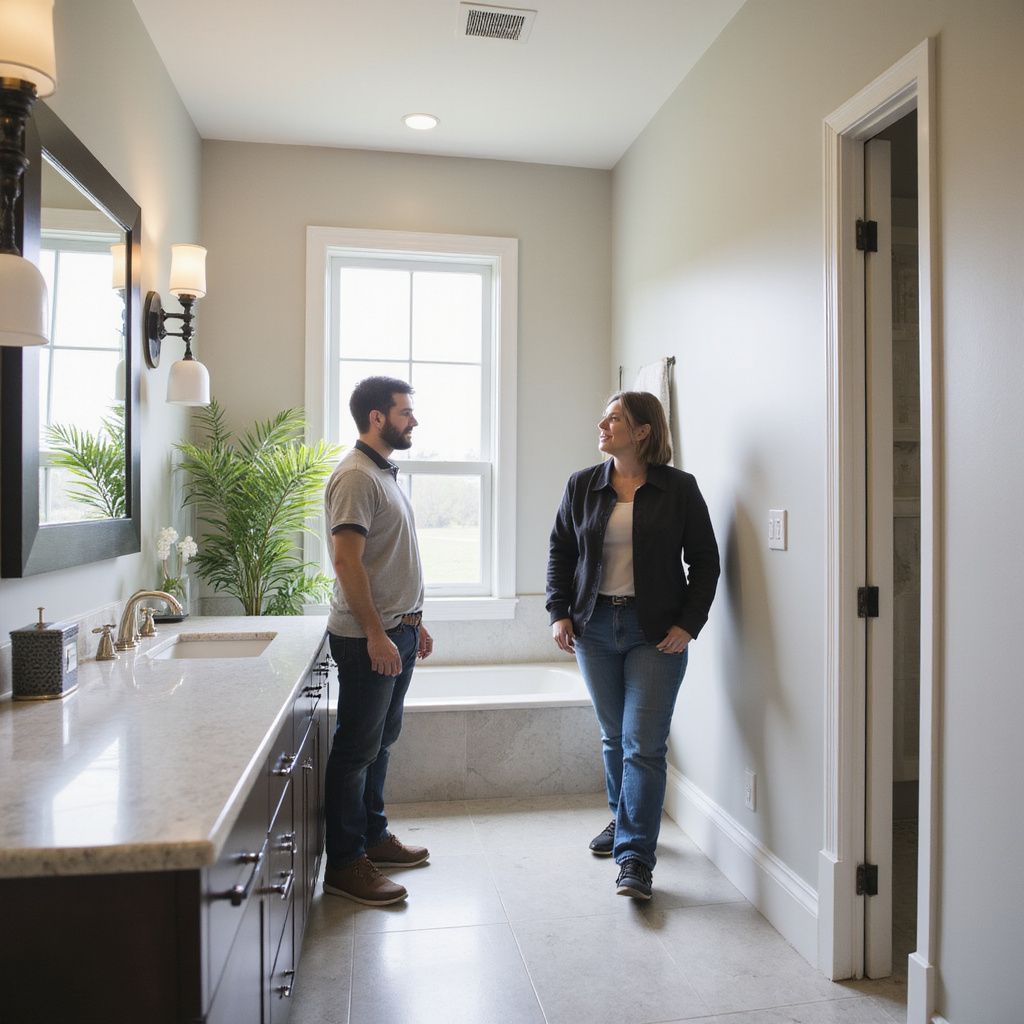 Two people looking at a bathroom with a window and a large mirror.