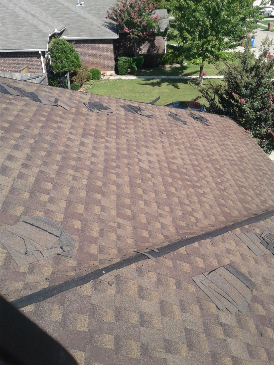 View of damaged asphalt shingle roof.