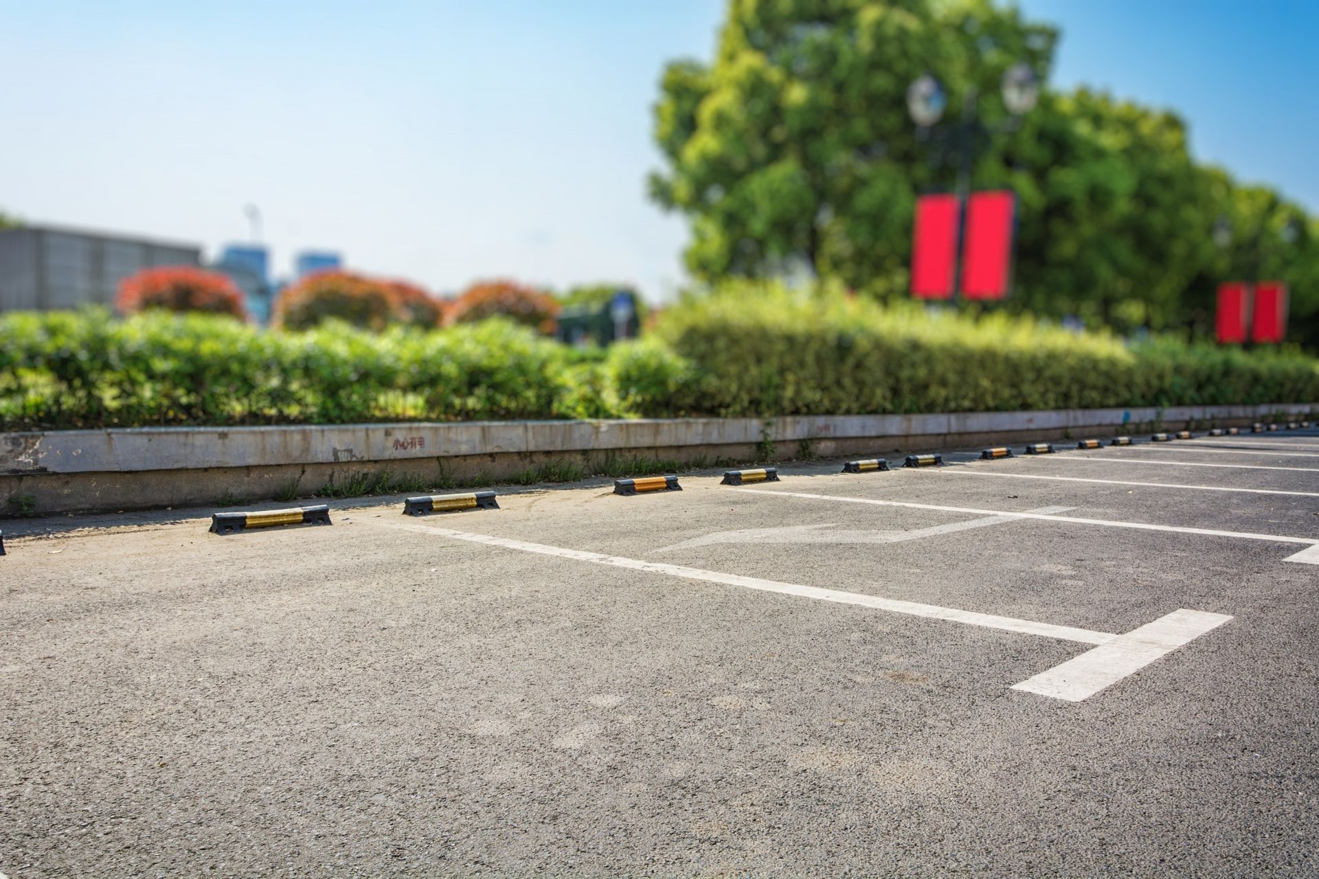 An empty parking lot with trees in the background.