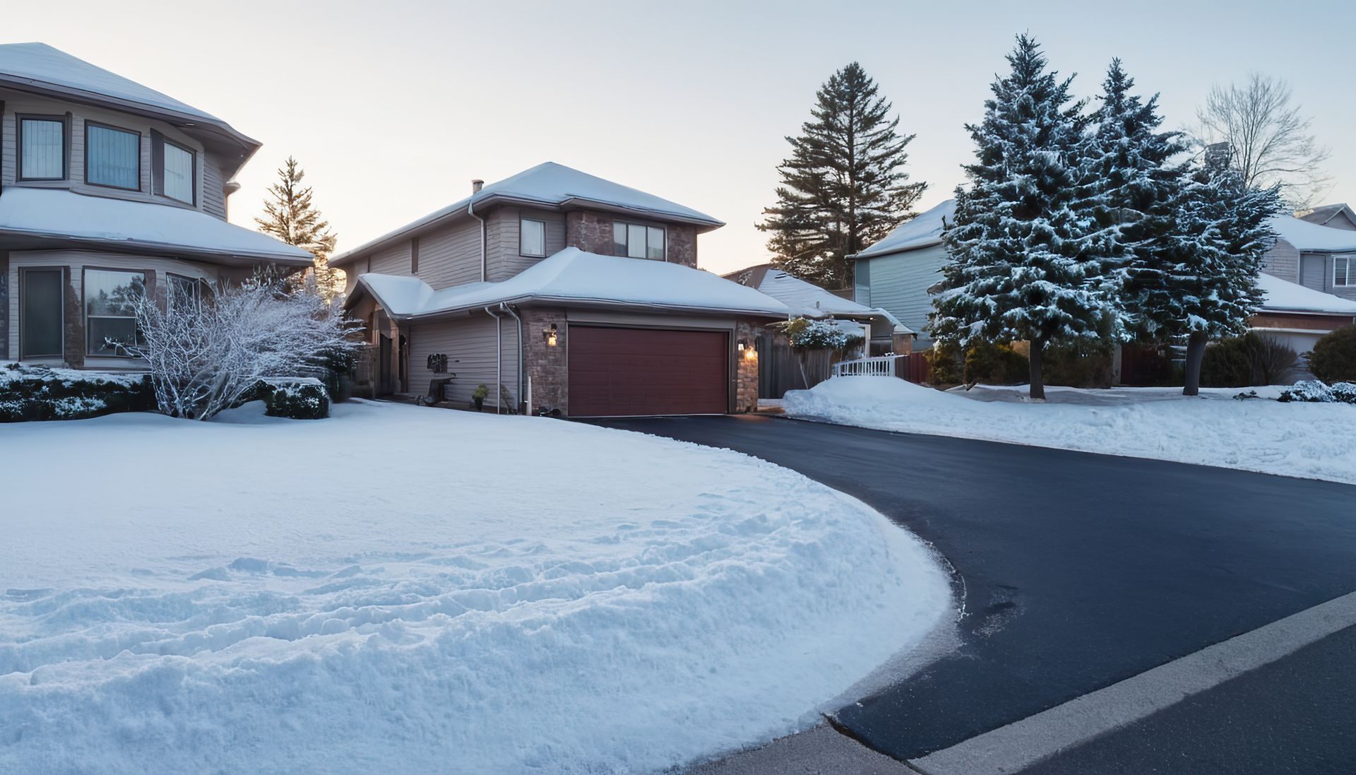 Snow-covered suburban neighborhood with houses, a driveway, and evergreens.