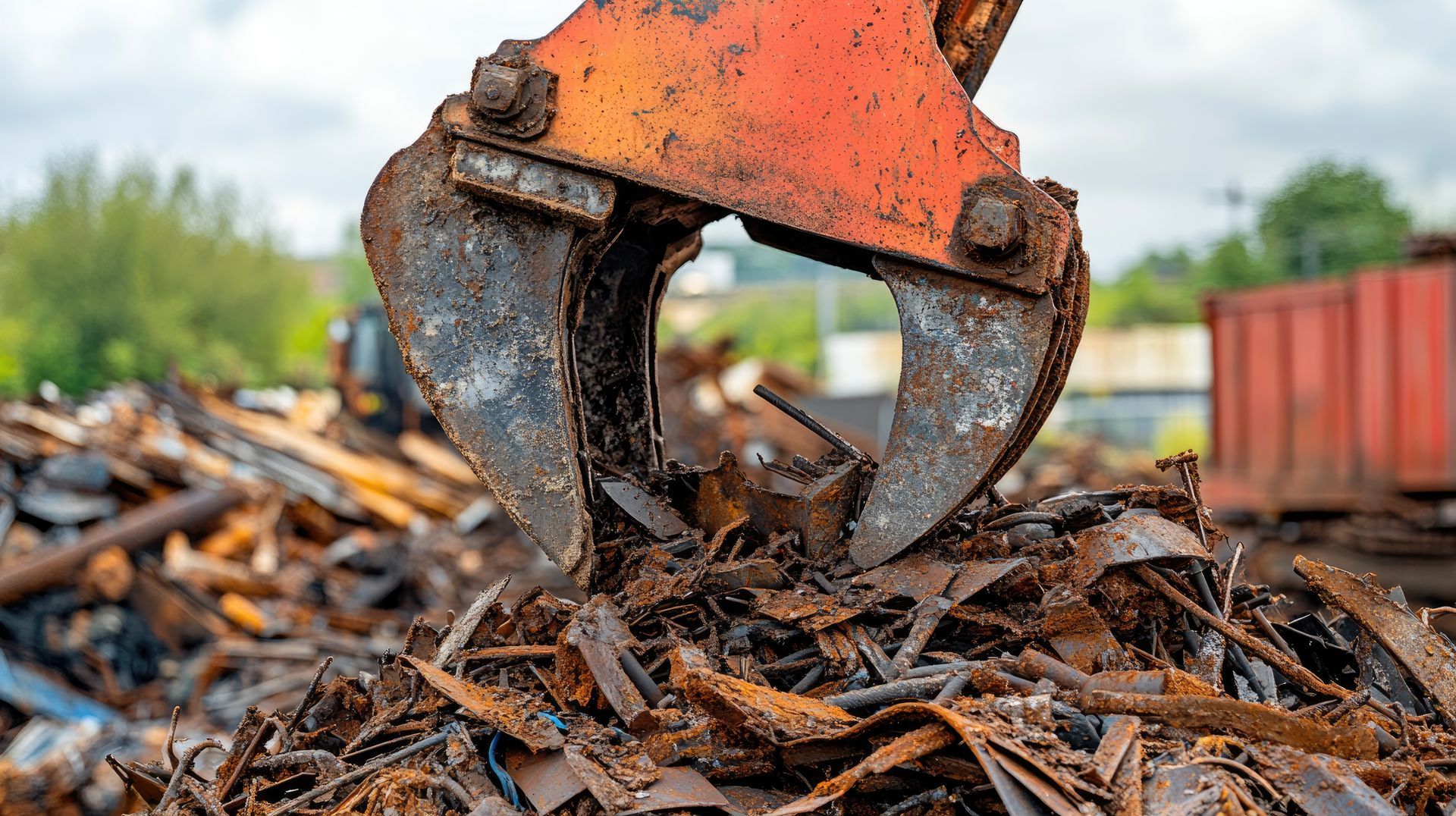 A mechanical claw grabbing a pile of scrap metal at a demolition site.