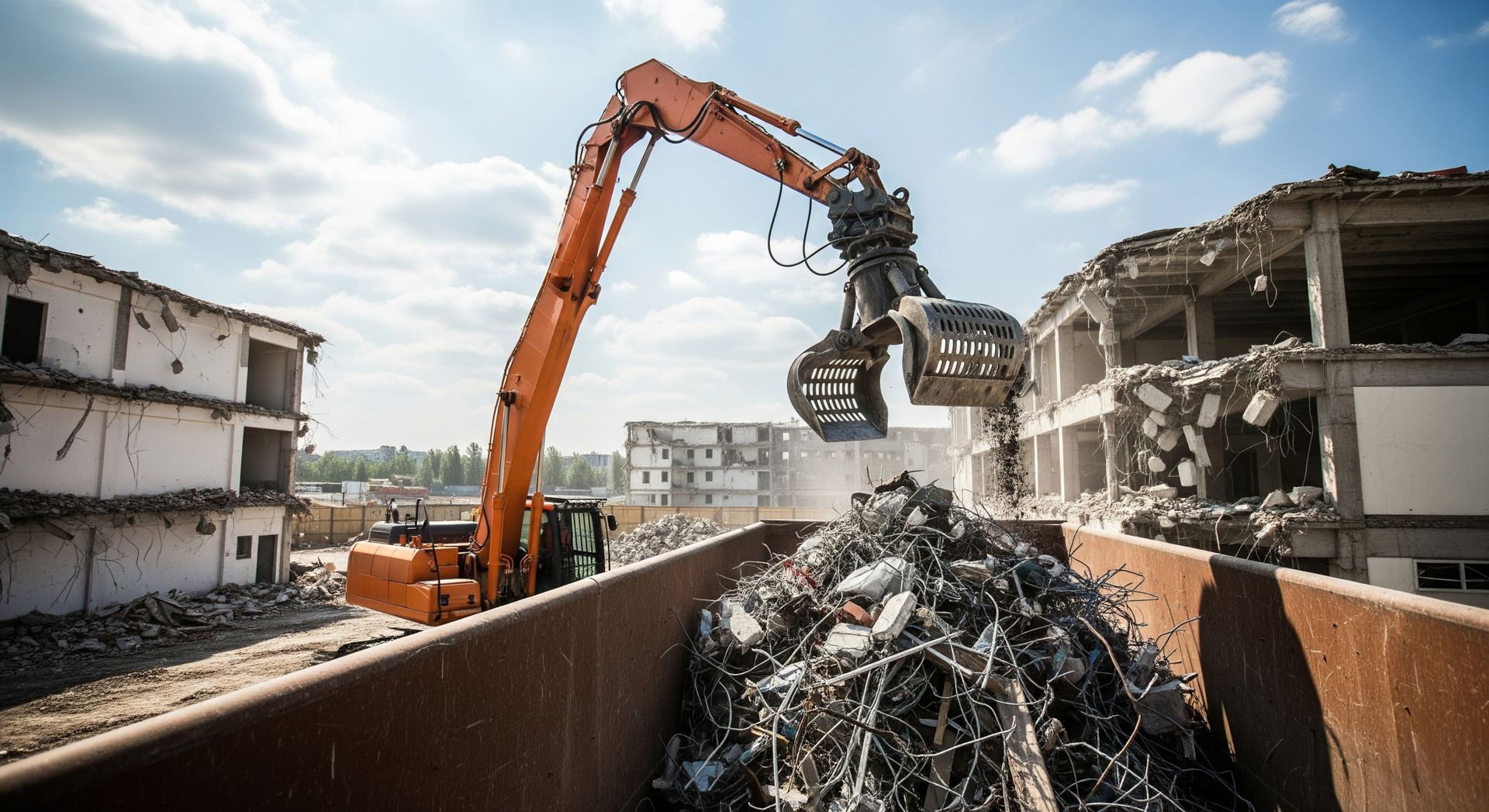 Excavator claw lifting metal debris at a scrapyard.