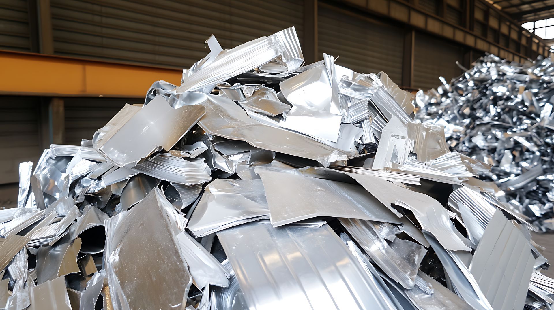 Piles of scrap metal fragments are collected in a large facility, awaiting processing for recycling.