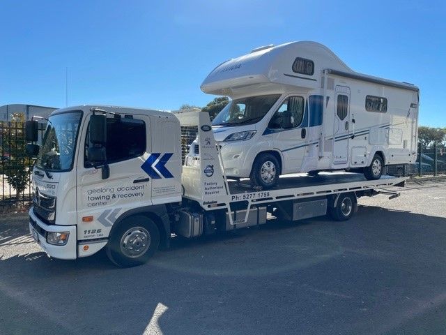 White Tow Truck Carrying a Camper Van — Geelong Accident Towing & Recovery Centre In North Geelong, VIC