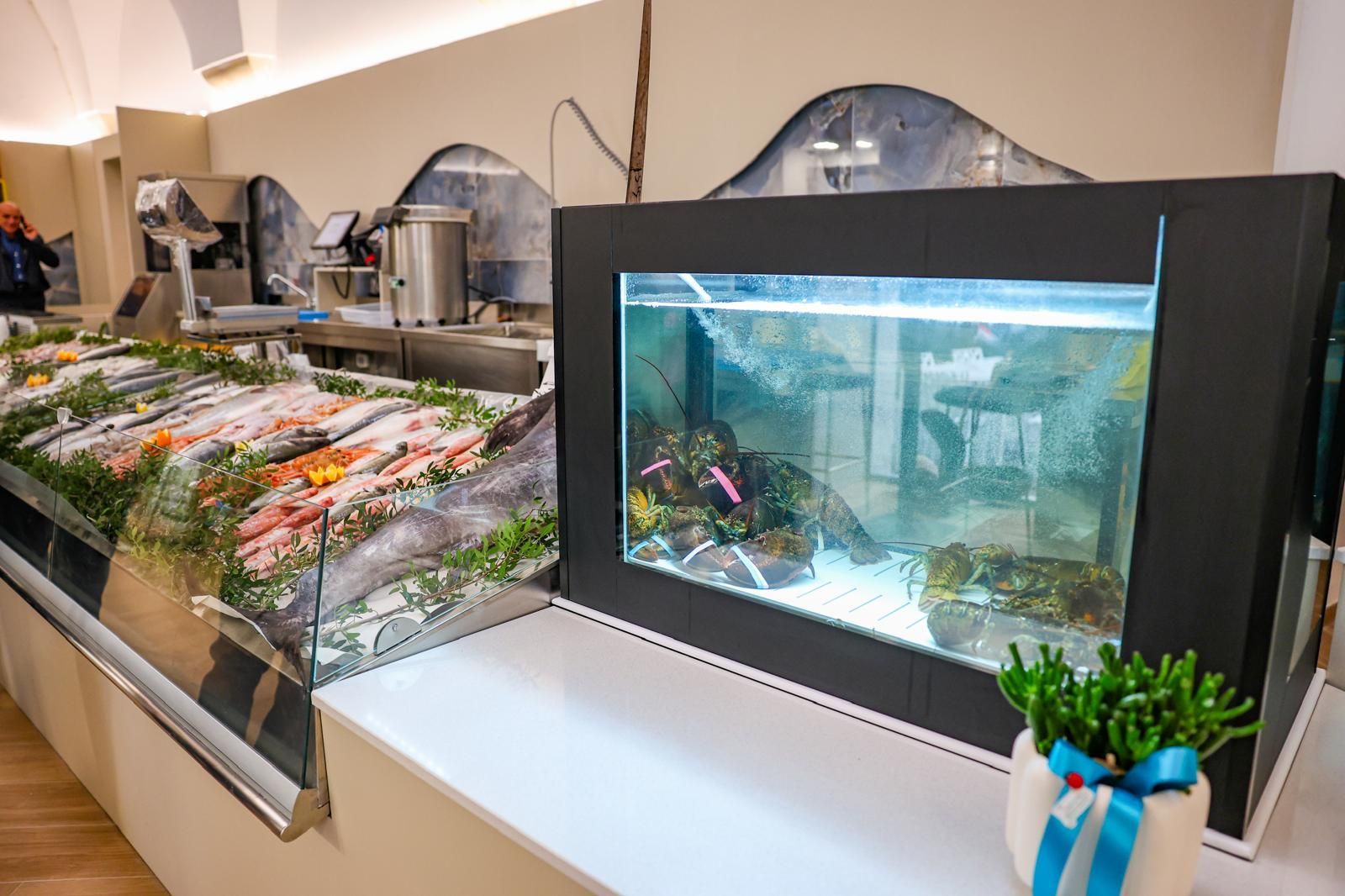 Pasta ai frutti di mare con gamberi, cozze, polpo, pomodori ed erbe aromatiche su un piatto bianco.