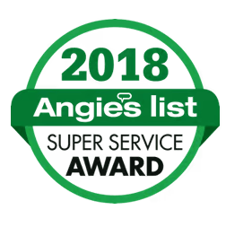 Angie's List 2018 Super Service Award badge, green and white circle with text.
