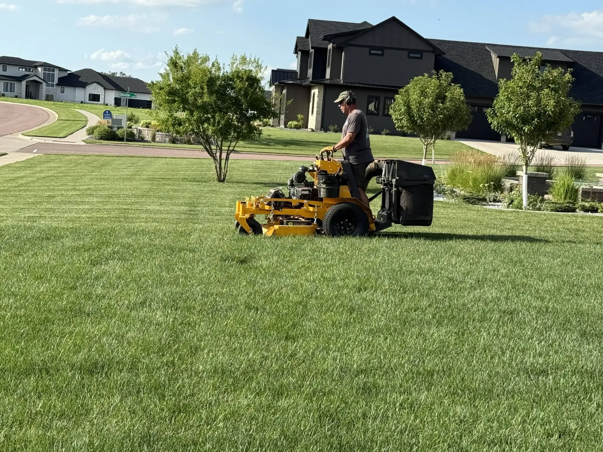 A person operates a yellow riding lawn mower with a rear collection bag on a residential lawn on a sunny day.
