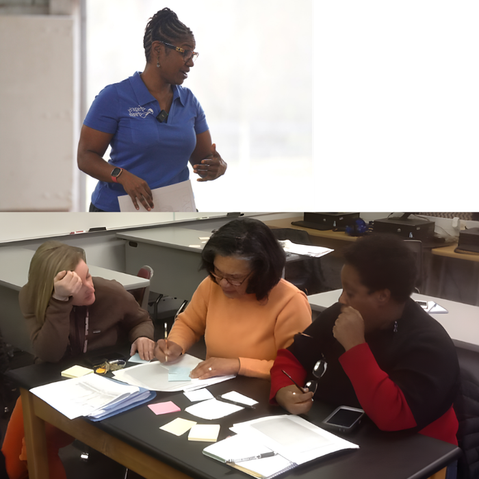 R. Folice Bailey facilitating leadership development training with educators
Educators collaborating in leadership development workshop