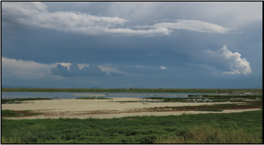 A large body of water with a cloudy sky in the background
