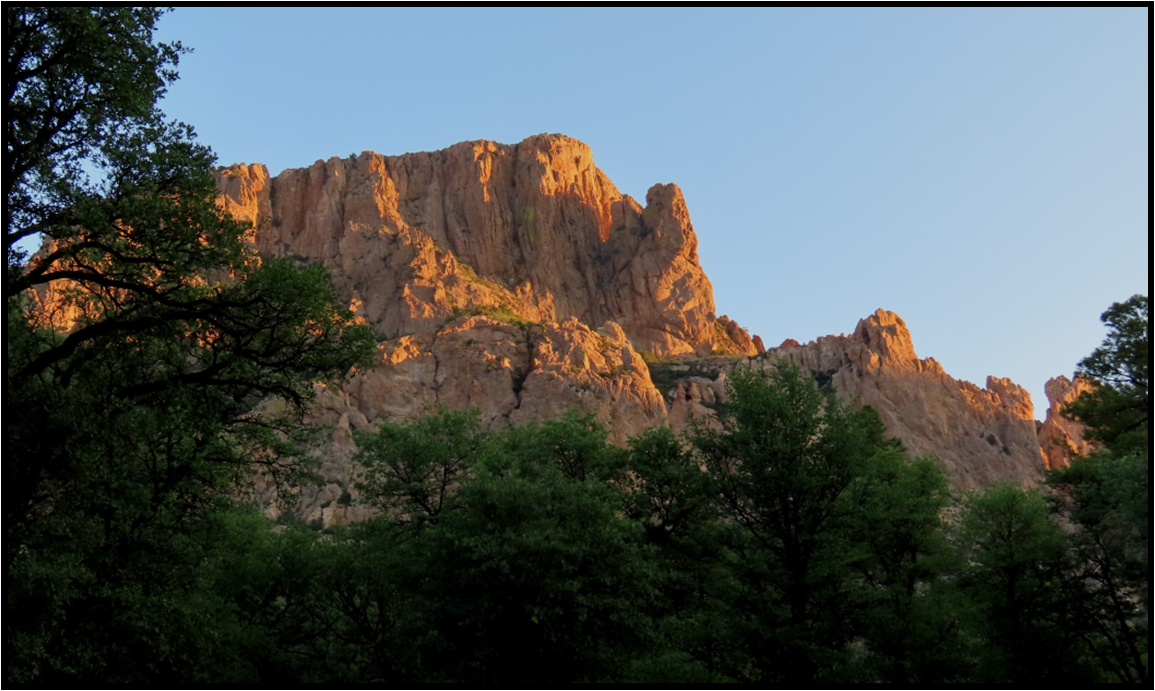 A mountain with trees in the foreground and a blue sky in the background