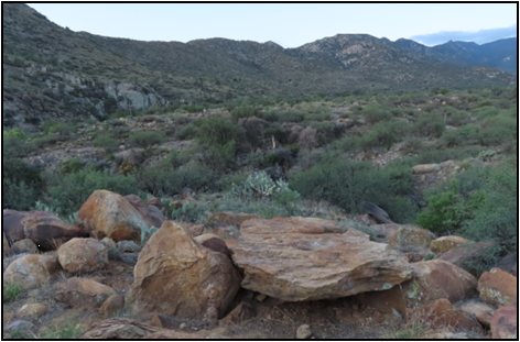 A large rock in the middle of a desert with mountains in the background.