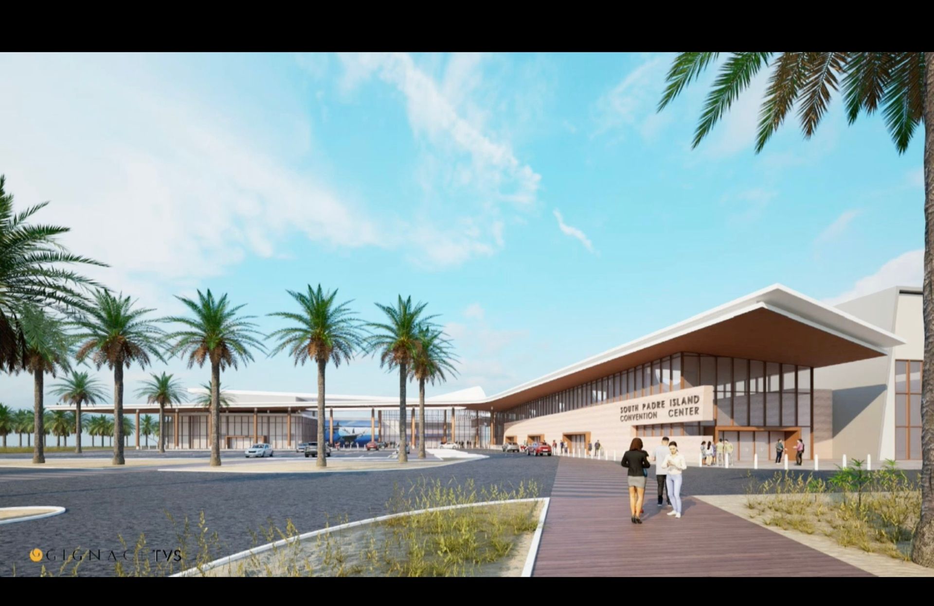 An artist 's impression of a large building with palm trees in the background