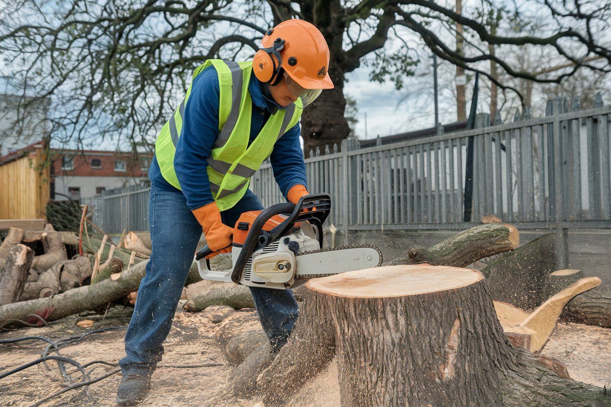 A man is cutting a tree stump with a chainsaw.