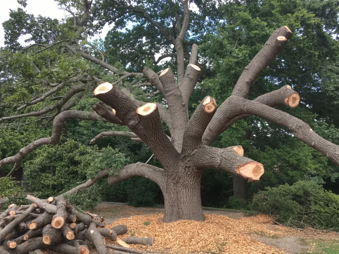 Tree with many branches cut; woodchips and chopped logs on ground.