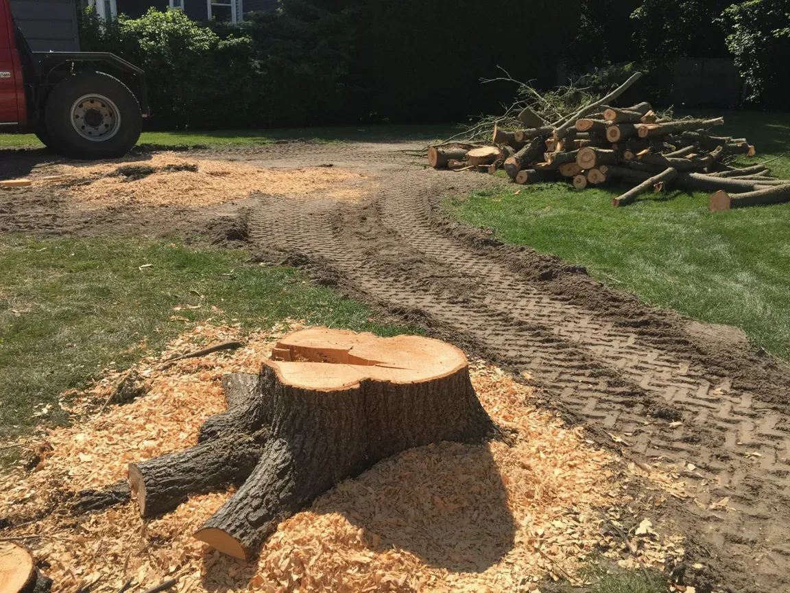 Tree stump surrounded by wood chips, with logs and a vehicle in a grassy yard.