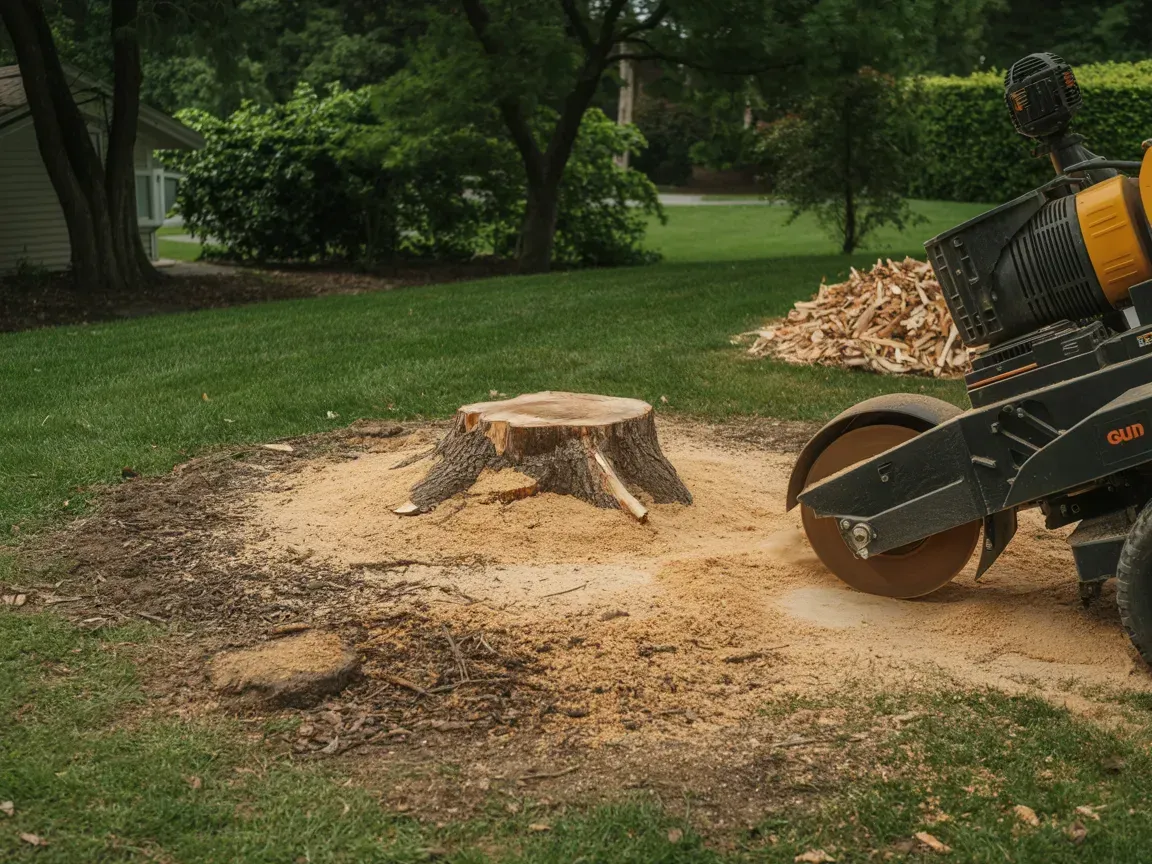 Stump grinder grinding down a tree stump on a grassy lawn; wood chips scattered around.
