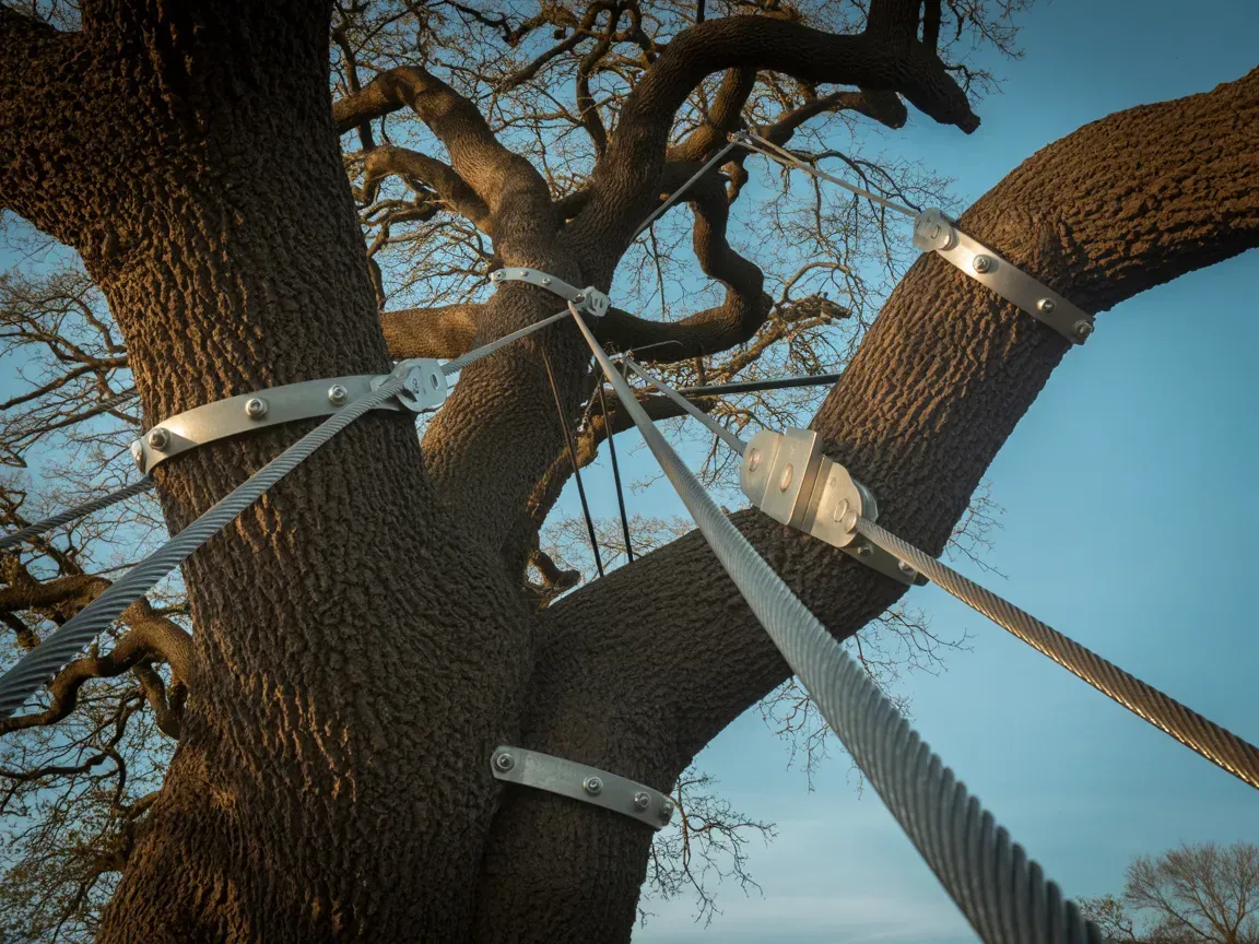 Close-up of a large tree with support cables attached to its branches, against a blue sky.