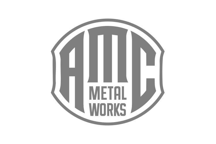 AMC Metal Works logo: gray lettering in a shield-shaped frame.