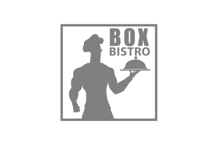 Box Bistro logo: muscular chef holding a covered plate, with 