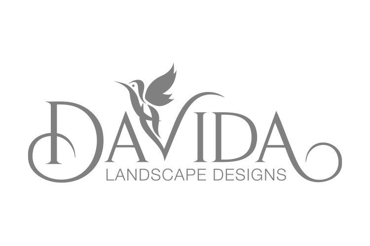 Davida Landscape Designs logo: hummingbird above name, script font, gray.
