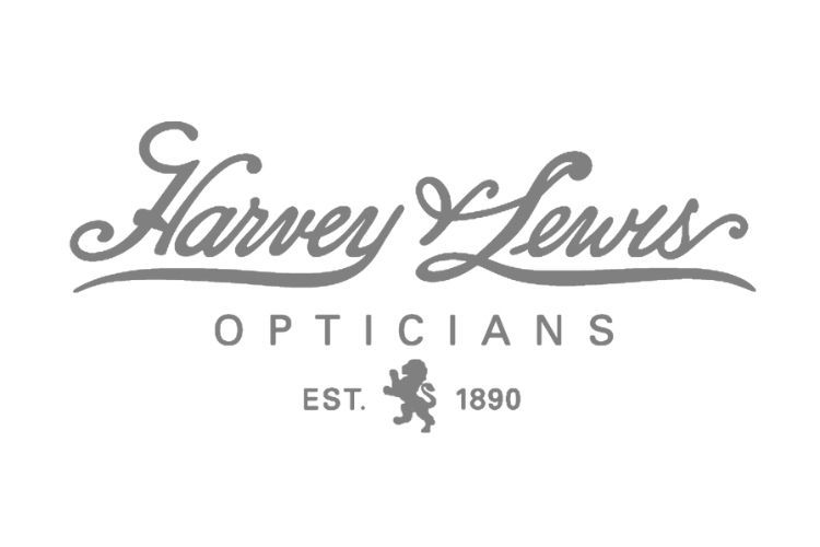 Harvey Lewis Opticians logo with script lettering and a small lion emblem, 