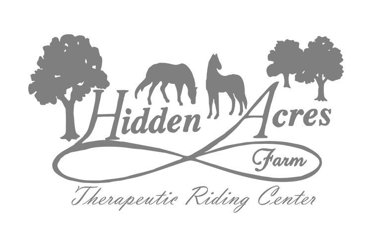 Logo for Hidden Acres Farm, Therapeutic Riding Center, featuring trees, horses, and an infinity symbol.