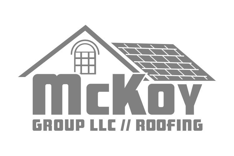 Logo for McKoy Group LLC Roofing, with a house outline and text.