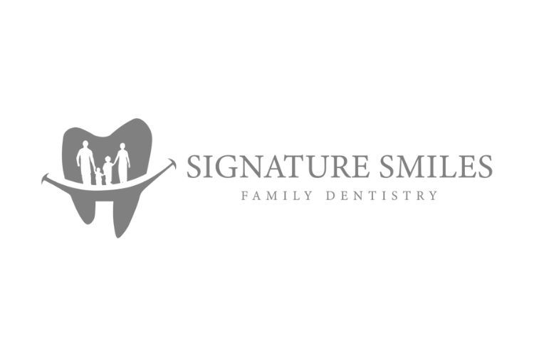 Logo for Signature Smiles Family Dentistry: tooth with family silhouette inside, with smile graphic and text.