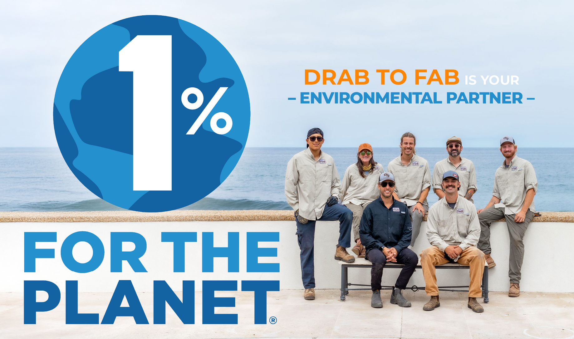 Group of people standing and sitting outdoors next to a blue globe graphic. 