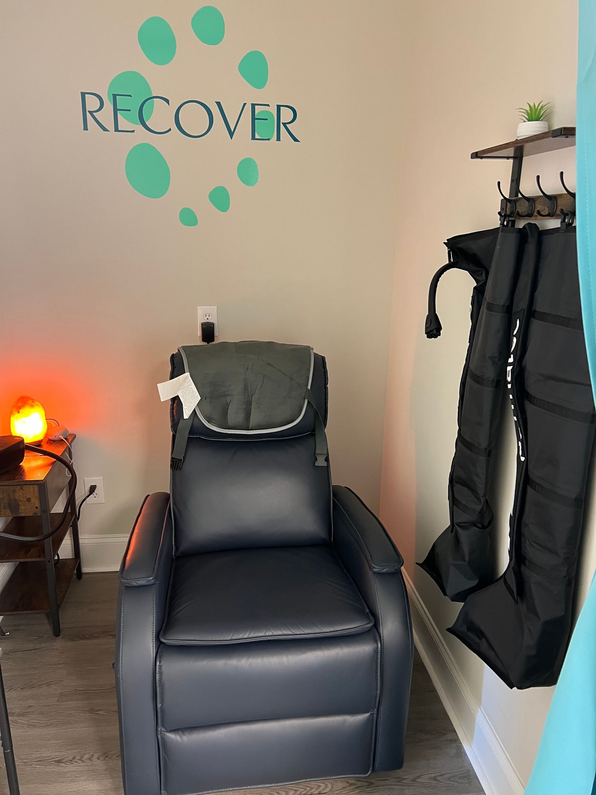 Recovery room including infrared light therapy, Normatec compression boots and heat therapy