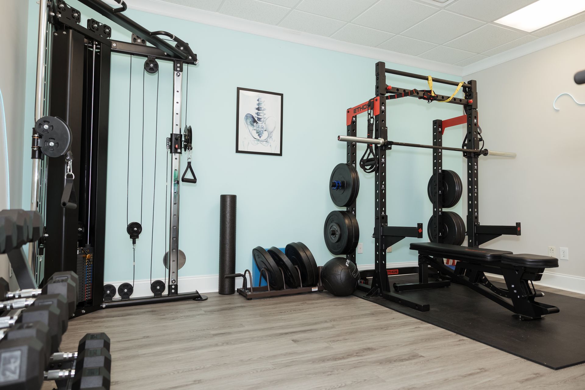Weightlifting equipment with squat rack in physical therapy clinic