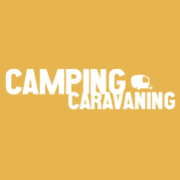 Le logo du camping et caravaning est sur fond jaune.