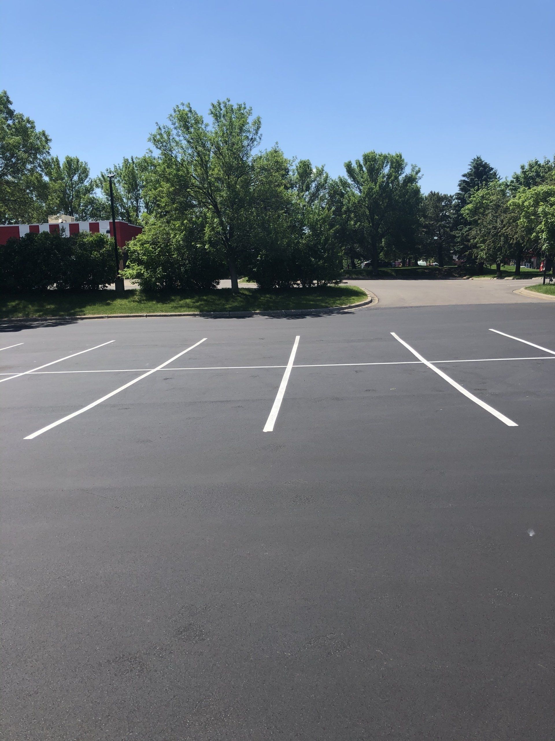 A parking lot with white lines and trees in the background