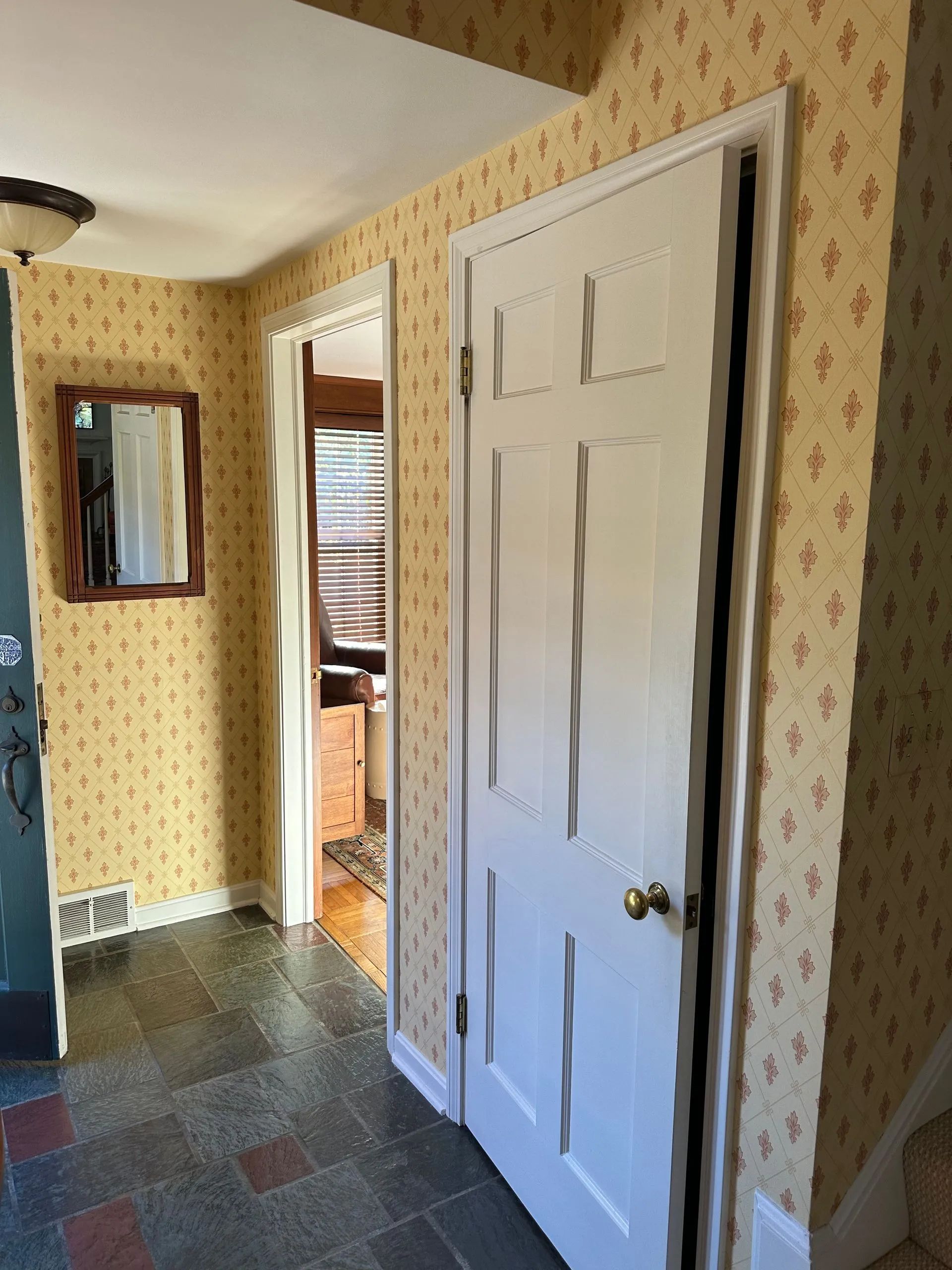 A hallway with a white door and a mirror on the wall.