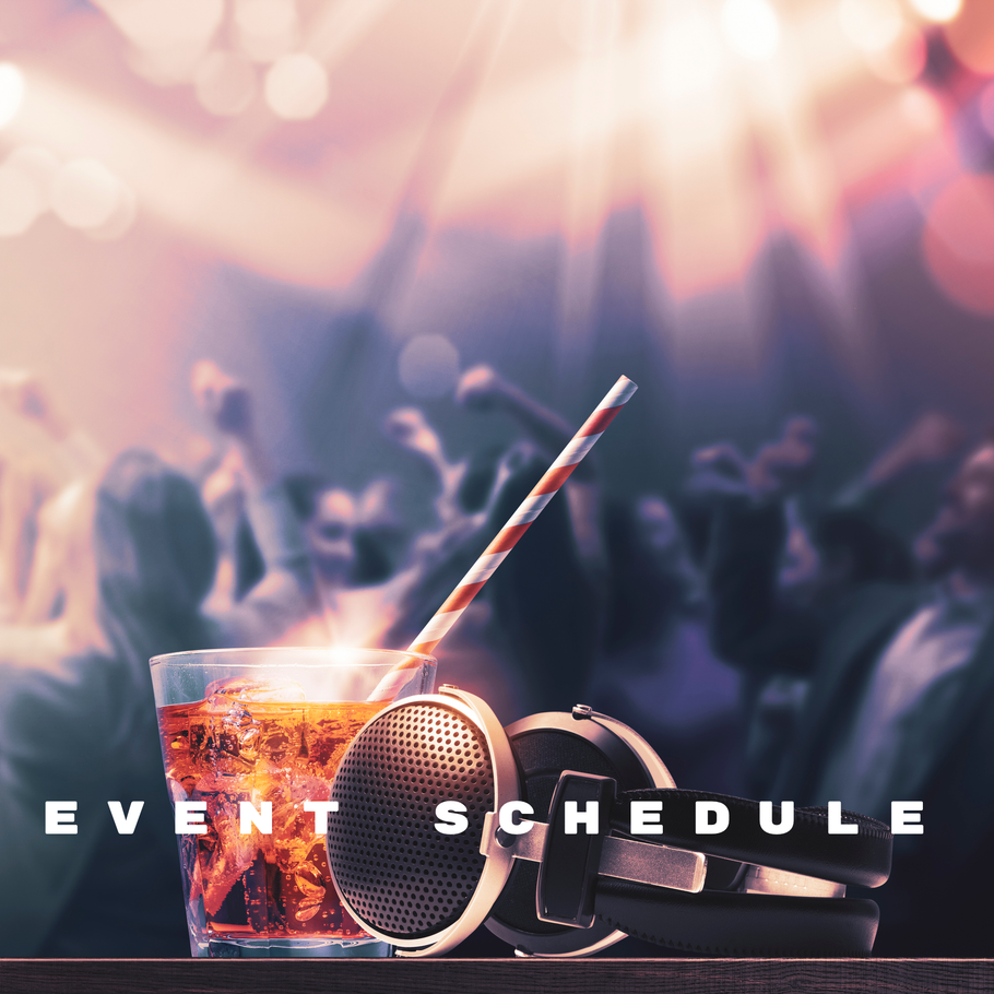 Event schedule with a cocktail, headphones, and a blurred concert crowd in the background.