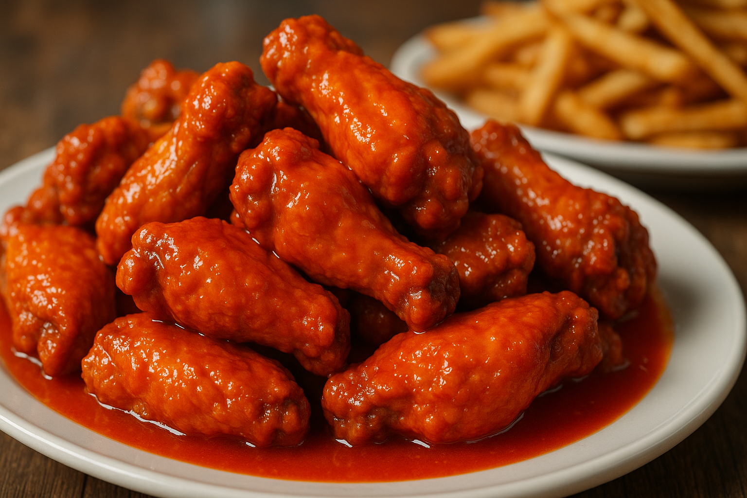 Pile of red-sauced chicken wings on a white plate with french fries in the background.