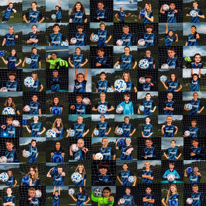 A collage of children holding soccer balls and wearing blue jerseys