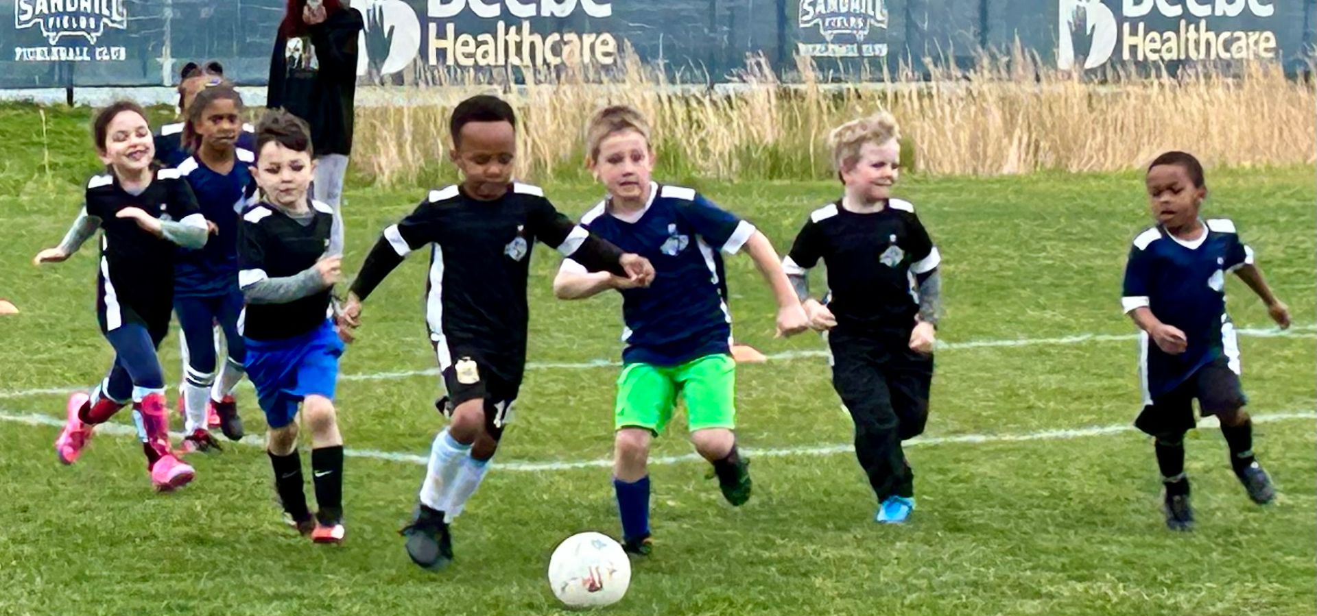 A group of children playing soccer on a green field. Some kids run towards the ball. Others are running away.