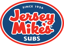 Jersey Mike's Subs logo: red and white text on a blue oval with a red border; 