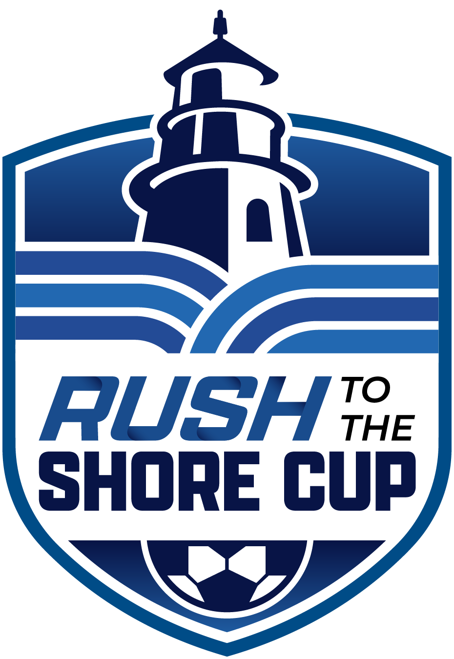 Logo for the Rush to the Shore Cup featuring a lighthouse, waves, and a soccer ball. Blue and white colors.