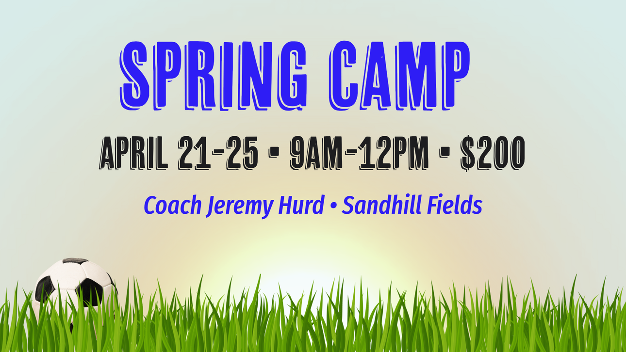 An advertisement for a spring camp with a soccer ball in the grass