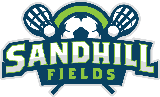 Logo for Sandhill Fields with soccer ball, lacrosse sticks, and the words 