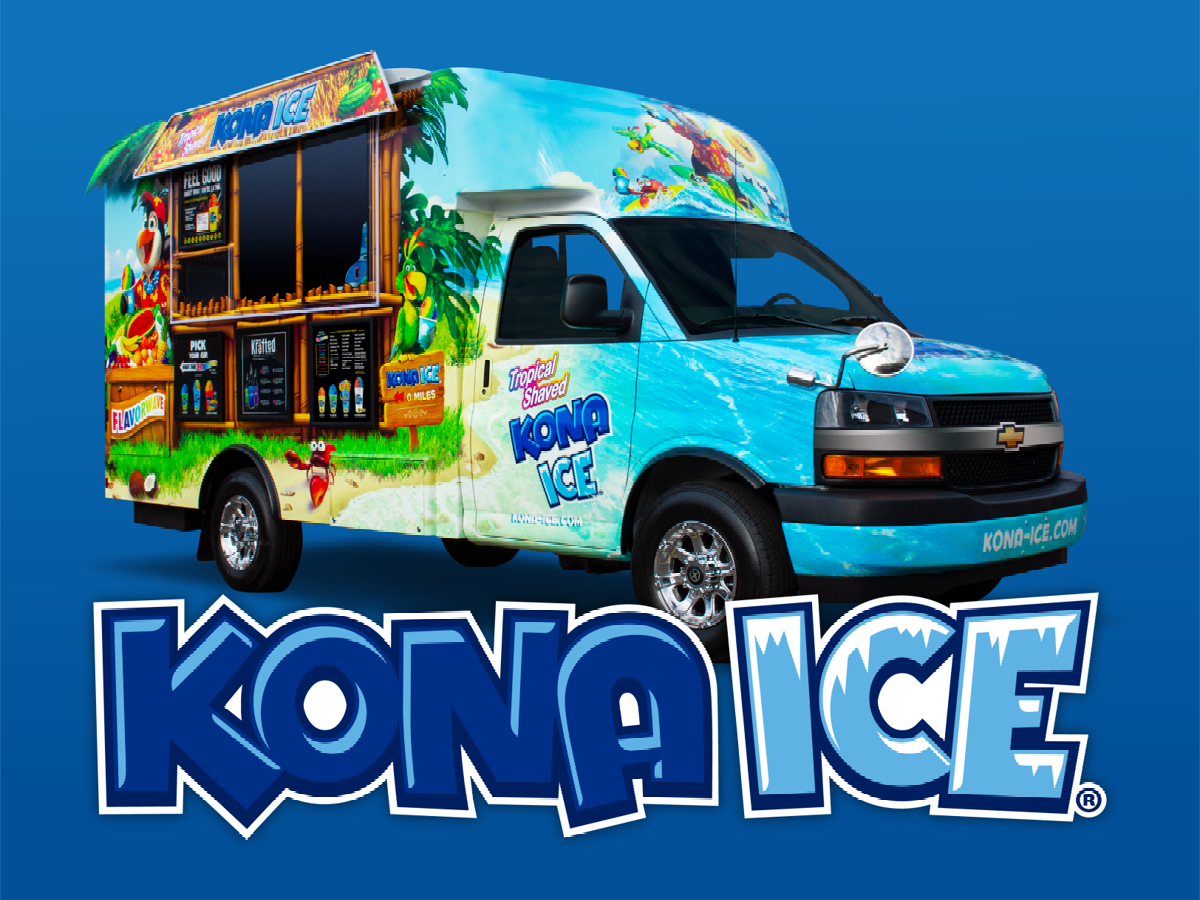 A blue van with the word kona ice on it