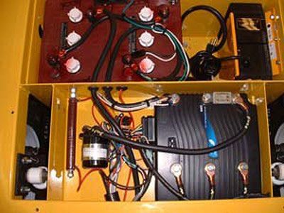 Yellow electrical cabinet interior with various wires, components, and electronic devices.
